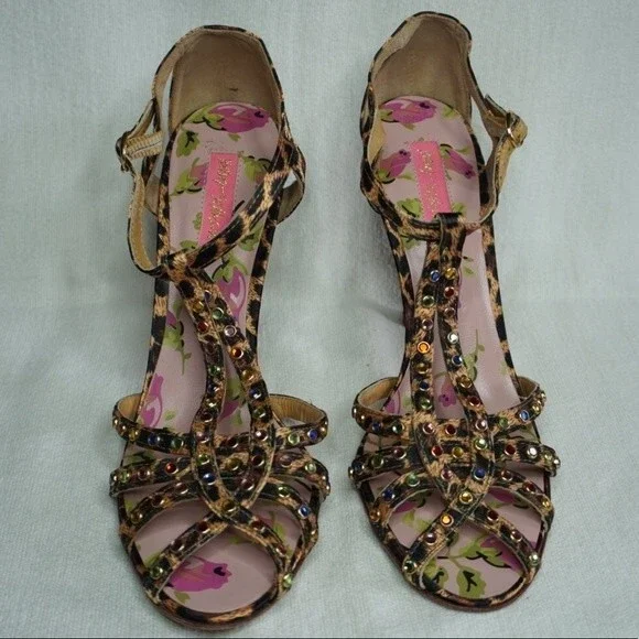 Betsey Johnson sz 8.5M Vero Cuoio Strappy Sandal Leopard Print Rhinestone Heels - Picture 3 of 9